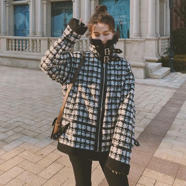 

winter women's double-faced fur jacket with belt warm thick plaid coat for lady female outerwear clothes, Black