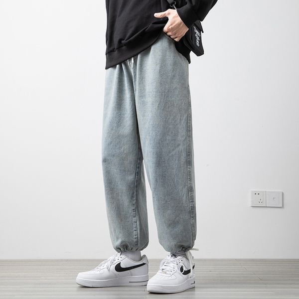 

2021 spring large drawstring legged simple elastic waist straight jeans men's, Blue