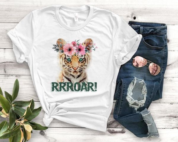

baby tiger floral flower print women tshirt cotton casual funny t shirt gift for lady yong girl tee pm-92, White