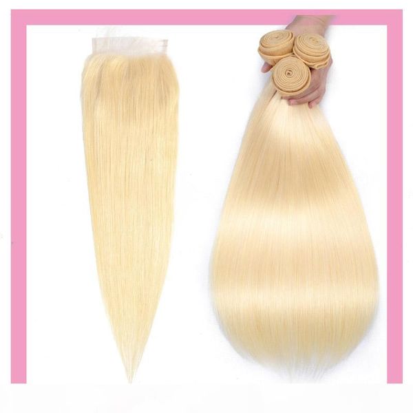 

indian virgin human hair blonde straight 613#color 3 bundles with 4x4 lace closure with baby hair extensions 4pcs one set straight blonde, Black;brown