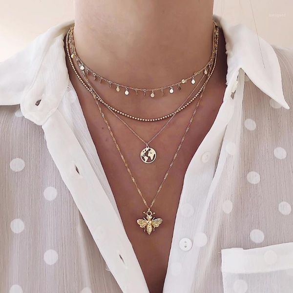 

chains boho necklace women creative disc map bee fashion metal pendant clavicle for girls jewelry multi layer collar1, Silver