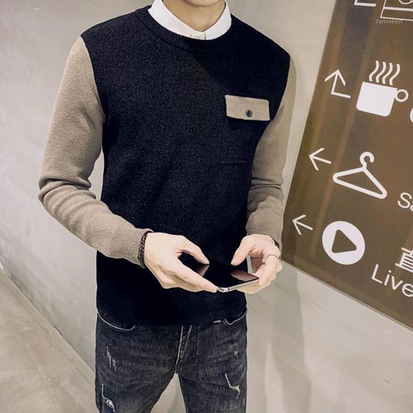 

men's sweaters 2021 autumn and winter korean sweater youth slim stitching sleeves two net red knitted bottoming sweater1, White;black