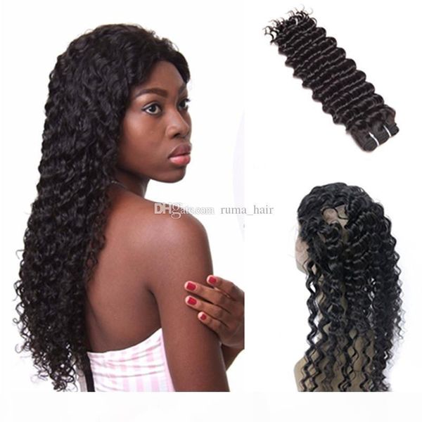 

pre plucked 360 frontal with bundles brazilian deep wave with 360 frontal closure 3 bundles with 360 lace band frontal bleach knots, Black;brown