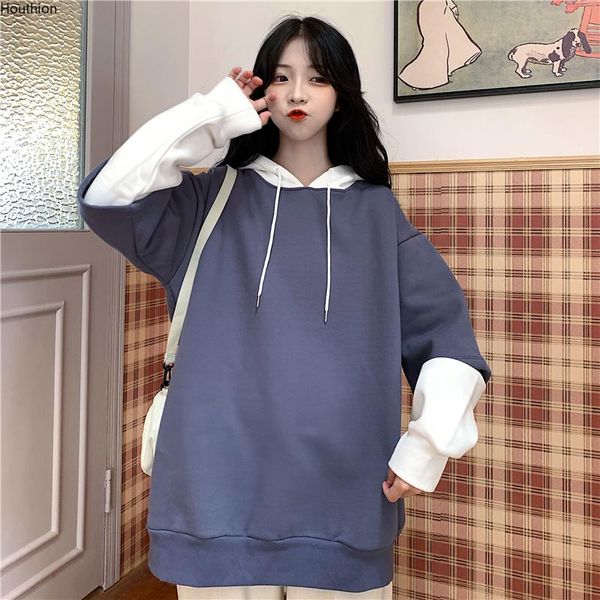

women's sweaters houthion women sweater fashion casual temperament autumn large size plus velvet hooded collar long sleeve splicing pul, White;black