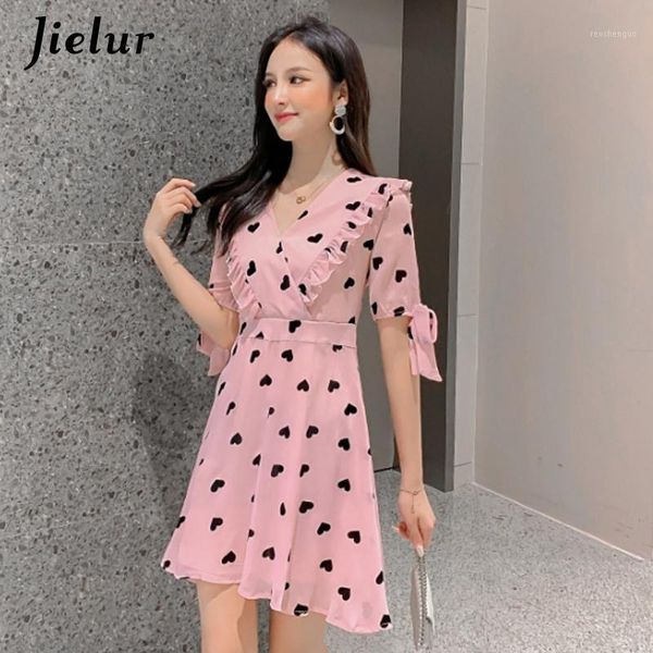 

women summer chiffon dresses pink print v-neck lace-up short sleeved dress ladies young sweet vestidos verano 20201, Black;gray