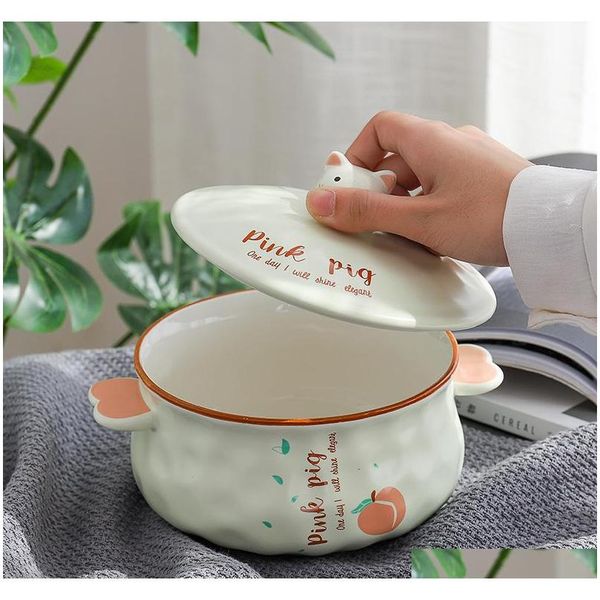 

1l creative cartoon pig ceramic instant noodle bowl with lid soup pot anti-s sqcwse bbgargden