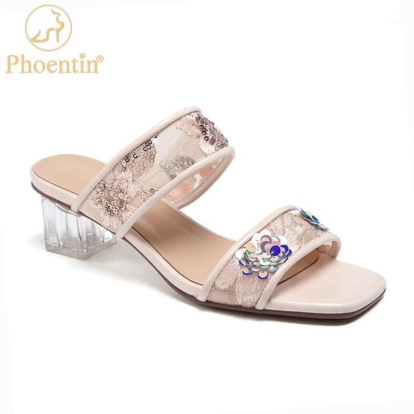 

slippers phoentin bling female transparent heels floral embroidered women's shoes summer square to outdoor woman ft10251, Black