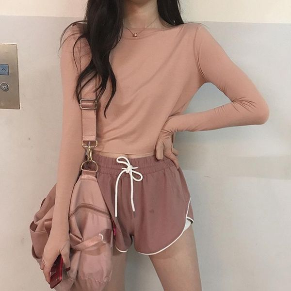 

elegant slim fit short long-sleeved t-shirt female spring and autumn high-waisted casual base shirt navel casual foreign tr1, White