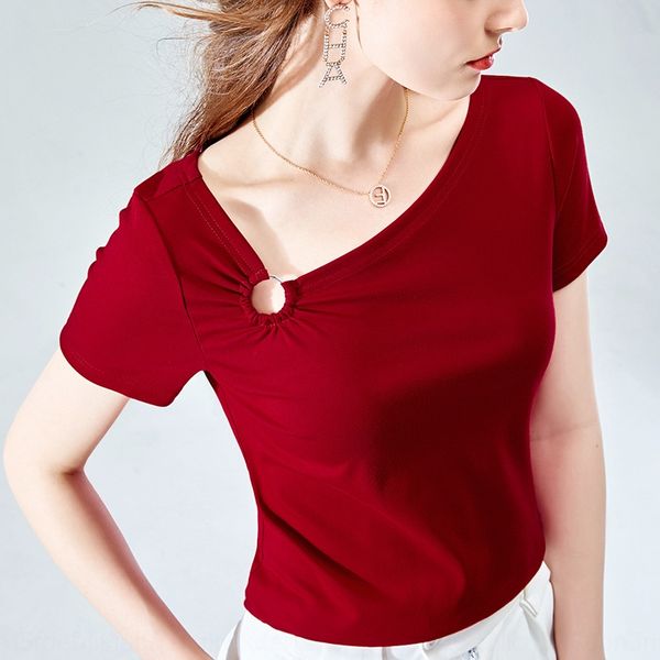 

slant shoulder short sleeve summer new 2020 pure color hollow out t-shirt cotton t-shirtjacket cotton t-shirt shoulder design feeling small, White