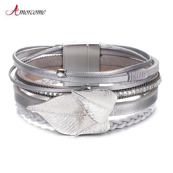 

charm bracelets amorcome bohemian grey braided leather multilayer alloy leaf wrap bracelet pulsera mujer party fashion jewelry, Golden;silver