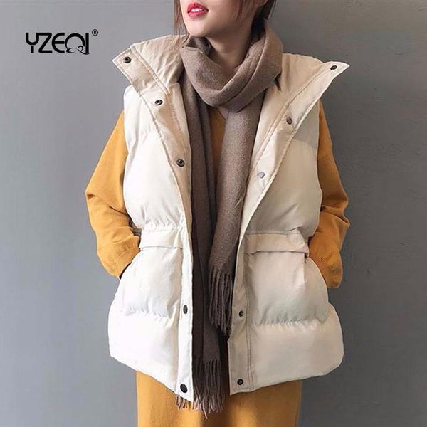 

yzeqi winter 2021 women down vest warm korean style solid cotton padded sleeveless jacket female turn-down collar waistcoat, Black;white