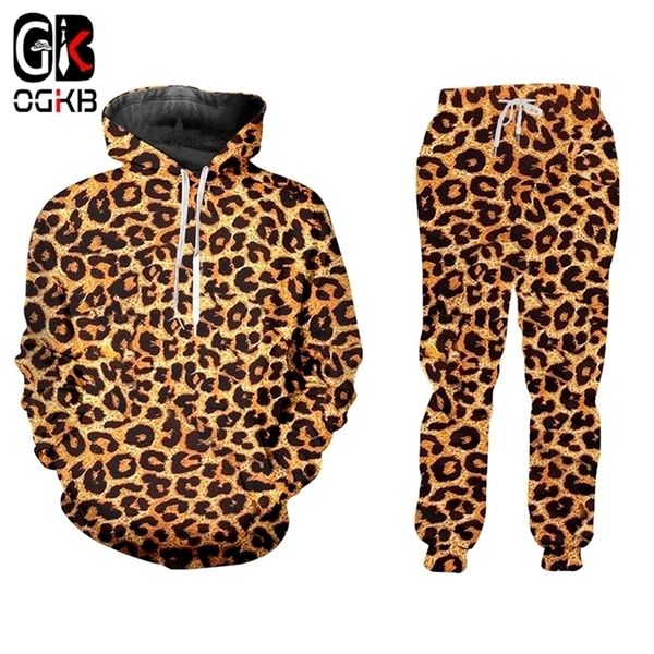 

ogkb selling casual 2 piece suit new animal 3d printing leopard print harajuku hoodie and jogging pants large size wholesale 201109, Gray