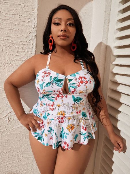 

plus floral print ruffle hem cross back bikini swimsuit l9xz#, Black