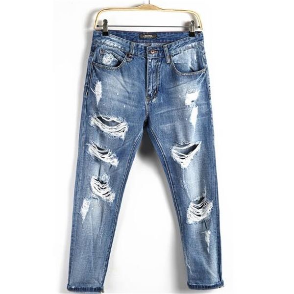 

2021 high street mens designer vintage jeans summer new fashion ripped hole jeans zipper mid waist large plus size, Blue