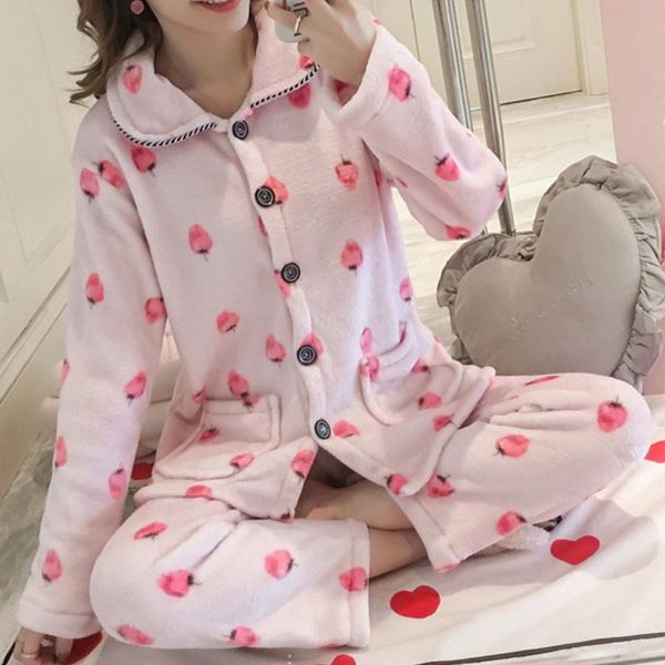 

muyogrt winter pajamas set women sleepwear warm flannel long sleeves pajamas pink cute animal homewear thick home suit, Black;red