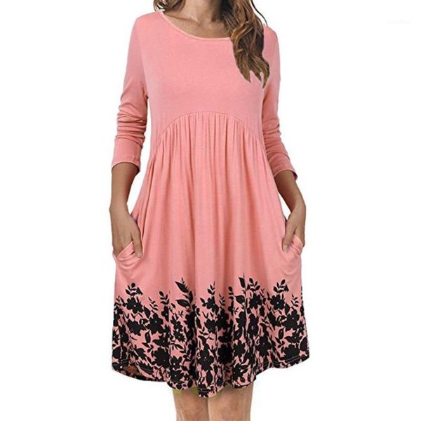 

summer dress women t shirt dress with pockets long sleeve floral pleated swing1, White;black