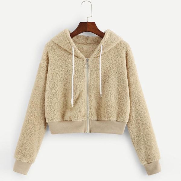 

hoodies women plush coat autumn winter warm faux lamb fur sweatshirts long sleeve zipper solid pullovers warm crop moletom1, Black