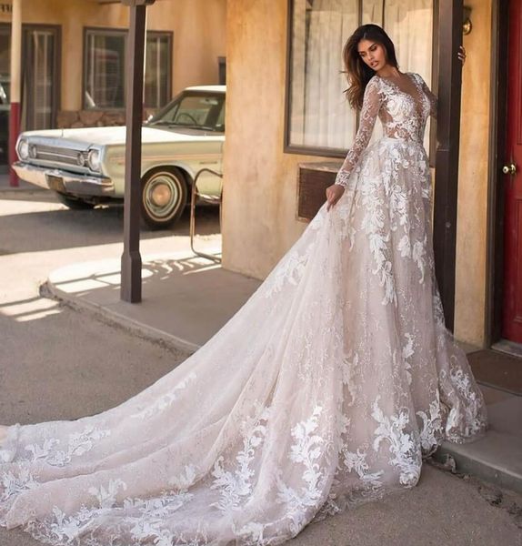 

gorgeous lace wedding dresses 2021 modest a line long sleeves v backless appluiqued long bridal gown, White