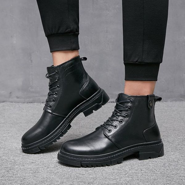 

boots men fashion cowhide genuine leather ankle plush warm motorcycle ridding botas hombre big size 48, Black