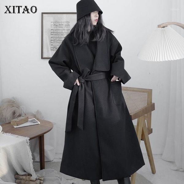 

xitao belt casual blends women winter tide fashion new style turn down collar long sleeve wide waisted personality coat zy21911, Black
