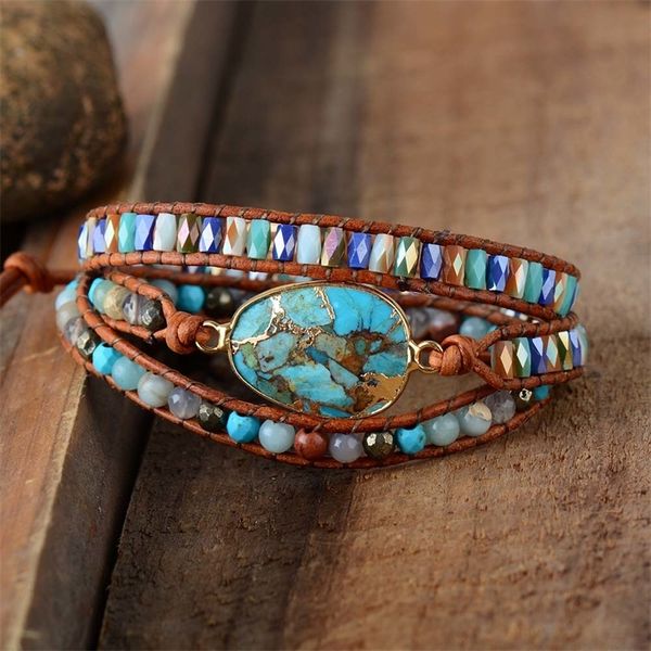 

high end women bracelets gilded natural stones vintage leather wrap bracelet girl beach holiday bracelets femme dropshipping y200107, Golden;silver