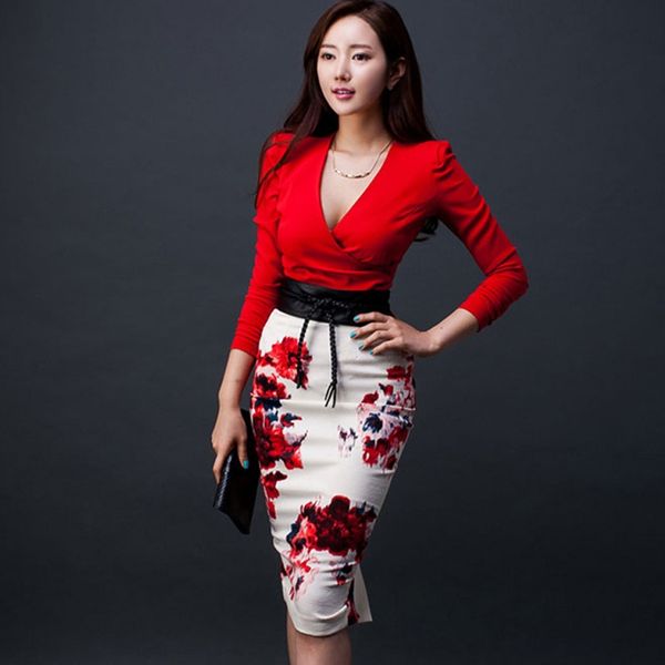 

2020 spring new socialite elegant v-neck long-sleeved high waist slimming coatprinted hip dress two-piece set epnnv, Gray
