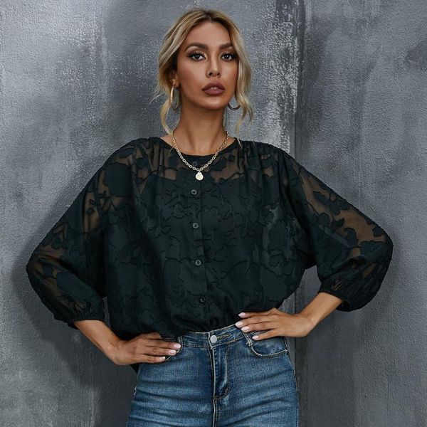 

office lady elegant lace blouse o-neck casual hollow out shirt for woman 2020 spring autumn loose black camisas mujer, White