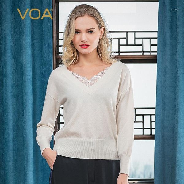 

voa pure cashmere v-neck off-shoulder long-sleeved black and white lace stitching hem tightening elegant sweater rlb1281, White;black