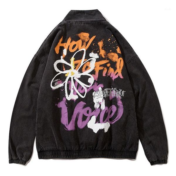 

graffiti printed twill fabric jackets streetwear hiphop mens vintage punk rock cowboy 100%cotton jacket male zipper coats1, Black;brown