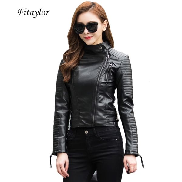 

fitaylor autumn women punk leather jacket soft pu faux leather female jackets basic bomber leather coats 201226, Black