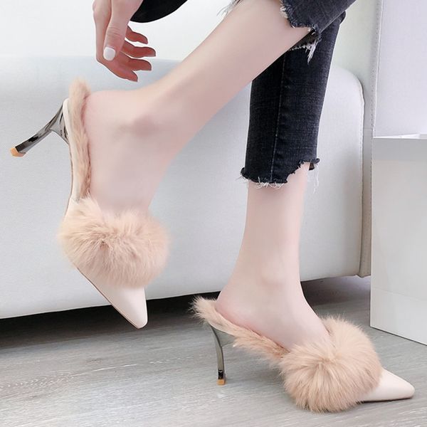 

2020 high heel faux fur slippers women furry fluffy slippers outdoor indoor home flat shoes female casual flip flops slides x1020, Black