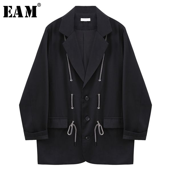 

[eam] women black bandage split big size blazer new lapel long sleeve loose fit jacket fashion tide spring autumn 1x138 201201, White;black