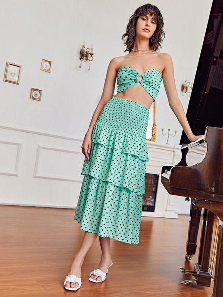 

x aida o-ring detail tie back polka dot tube & layered hem skirt set p2mv#, White