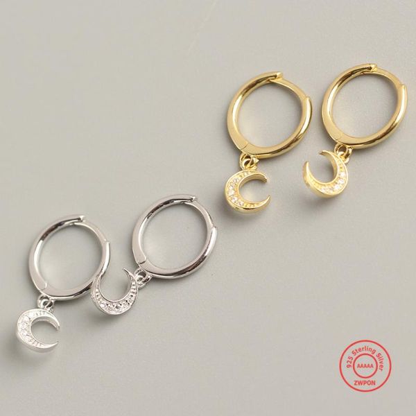 

925 Sterling Silver Crescent Moon Earrings Dainty CZ Crystal Charms Hoop Ear Rings for Women Girls Zircon Jewelry, Golden;silver