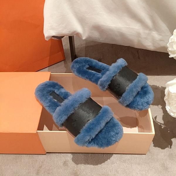 

2021 new women's fur slippers with real wool real calfskin slide sandals winter warm boots with box, Black