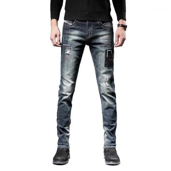 

men's jeans european american style casual retro ripped men stretch slim denim mens cotton distressed1, Blue
