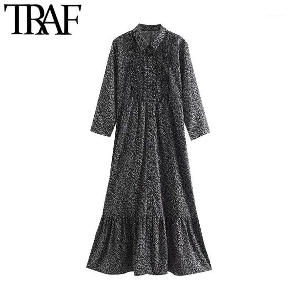 

traf women chic fashion print ruffled midi shirt dress vintage lapel collar three quarter sleeve female dresses vestido1, Black;gray