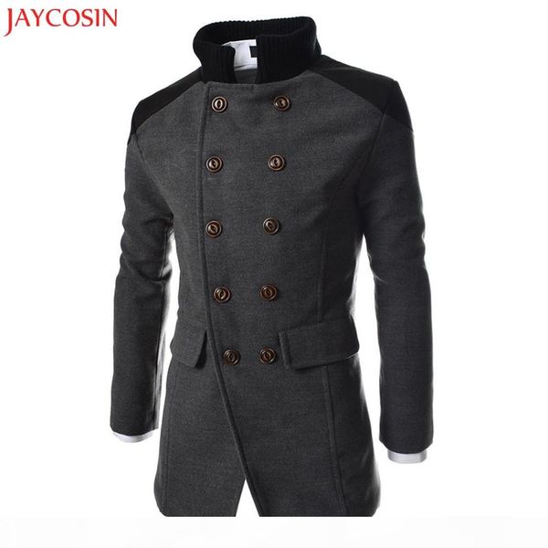 

jaycosin men jacket warm winter polyester trench long outwear patchwork turn-down button smart overcoat gray,black,navy z1105, Tan;black