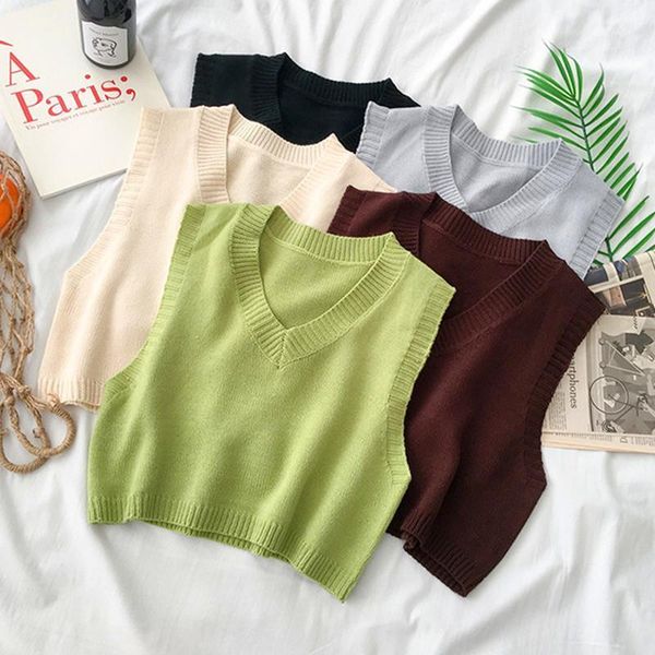 

2021 vintage spandex korean sleeveless v neck knitted vest sweater women solid pullovers spring autumn ladies casual tank top, White;black