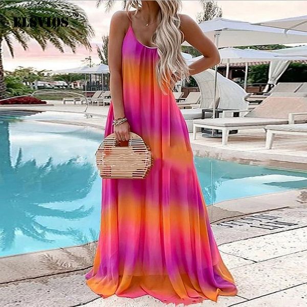 

summer women new o neck spaghetti strap chiffon dress casual elegant print party dress bohemian beach holiday long vestido1, Black;gray