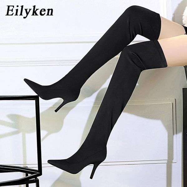 

eilyken осень зима мода t-stage тонкая эластичная ткань слип-on over knee сапоги женщины острым носом на высоком каблуке насосы обувь, Black