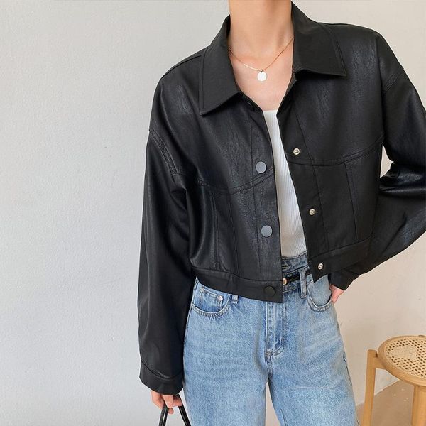 

women's leather & faux bottle 2021 korean autumn and winter simple net red chao sa single breasted short coat female p278, Black