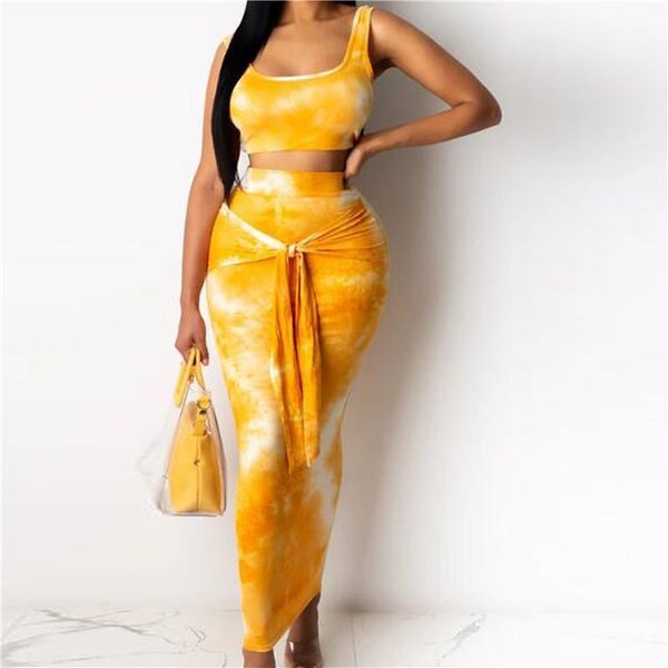 

two piece set club outfits tie dye crop and sashes maxi skirts bodycon fall festival clothes women 2 piece matching set1, White