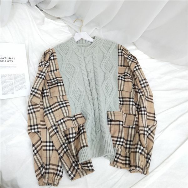 

новый небольшой сортировали клетчатую рубашку шить свитер пуловера экипаж шеи пуловер twist женщин свитер в осень зима 2020 qf5np, White;black