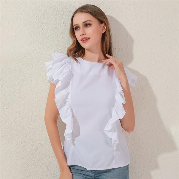 

lady elegant solid color ruffle blouse shirt new summer o neck pleated blusa lady new casual button sleeveless blusa, White