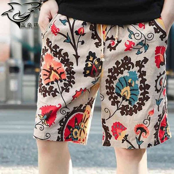 

pure cotton linen men's beach pants quick dry casual shorts fashion printed capris large, White;black