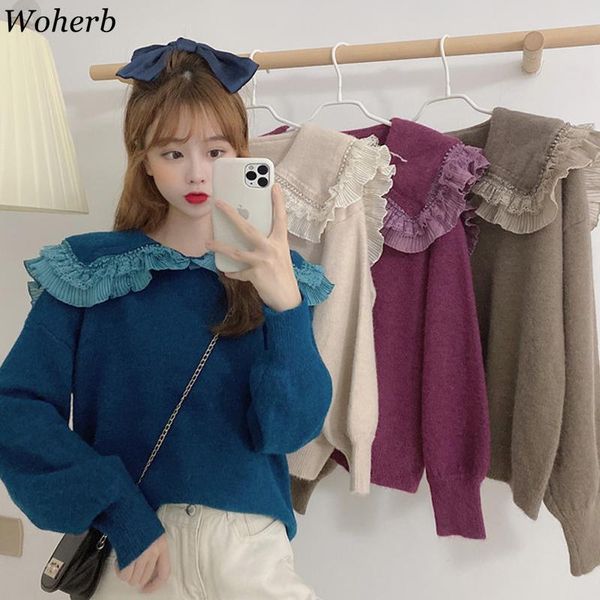 

woherb stylish spring knit female cute lace ruffle knitted sweater women loose pullover jumpers 2020 full sleeve pull femme, White;black