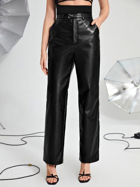 

high waist pu leather straight leg pants z2q3#, Black;white