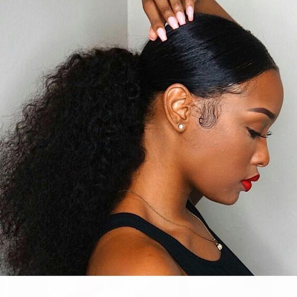 

new arrive drawstring ponytail brazilian human virgin remy kinky curly ponytail hair extensions clip ins natural black color 140g one bundle