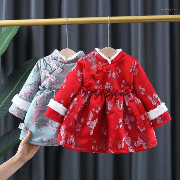 

girl's dresses warm winter girls princess chinese qipao dress children kids baby infants year wear velvet thicken vestidos1, Red;yellow